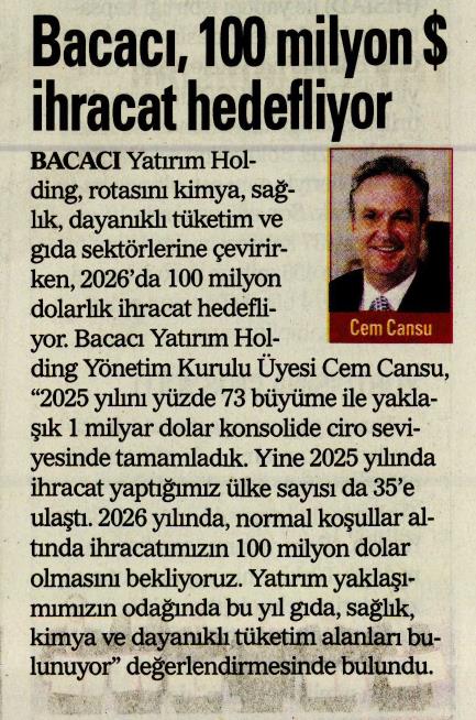 Bacacı, 100 milyon $ ihracat hedefliyor