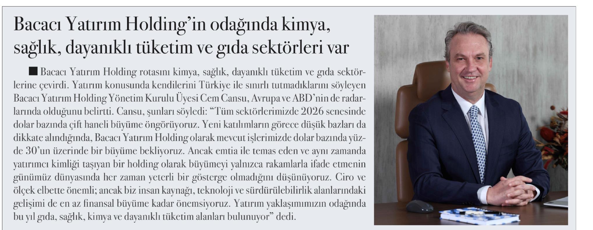 Bacacı Yatırım Holding’in odağında kimya, sağlık, dayanıklı tüketim ve gıda sektörleri var