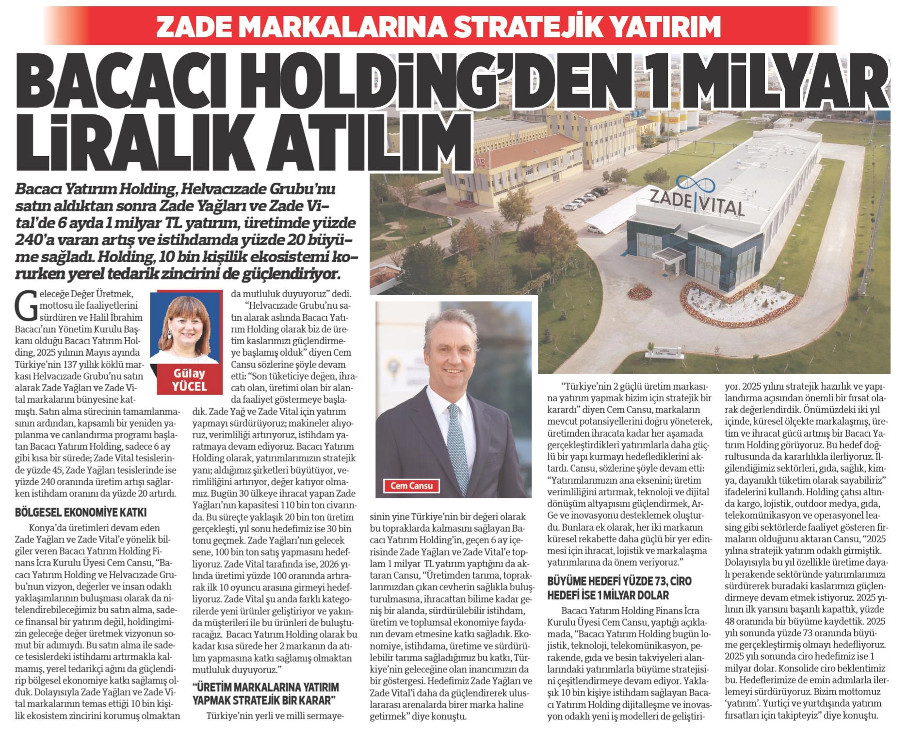 Yeni Birlik’te yayımlanan 'Bacacı Holding’den 1 milyar liralık atılım' haber küpürü