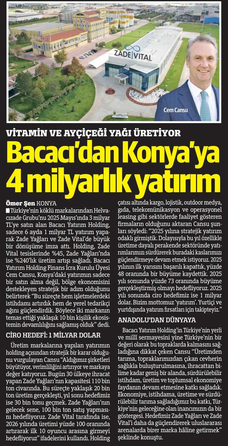 Türkiye gazetesinde yayımlanan 'Bacacı’dan Konya’ya 4 milyarlık yatırım' haber küpürü