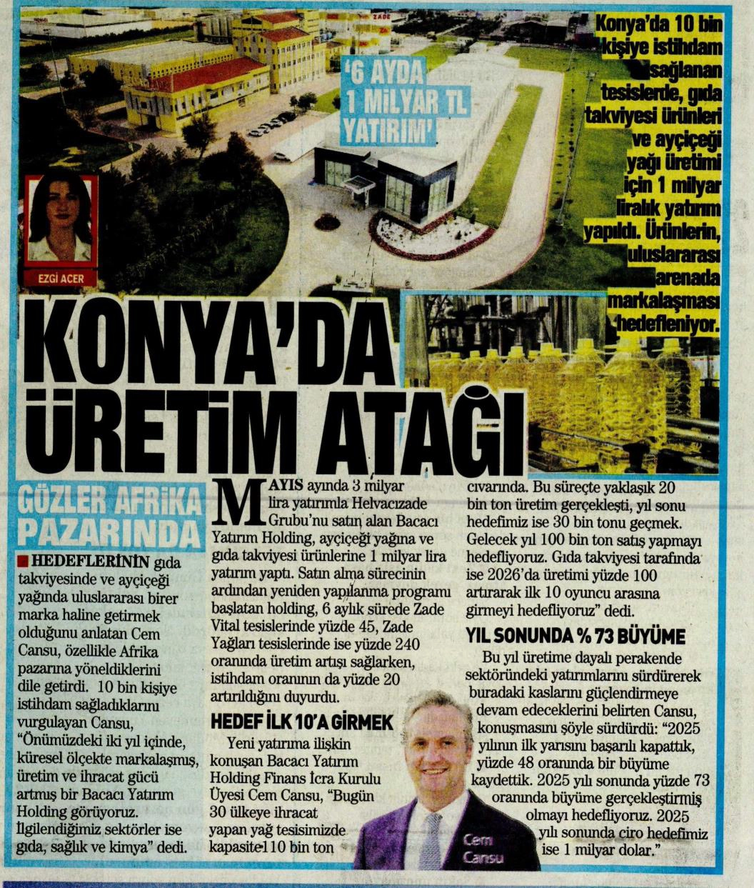 Takvim gazetesinde yayımlanan 'Konya’da üretim atağı' haber küpürü